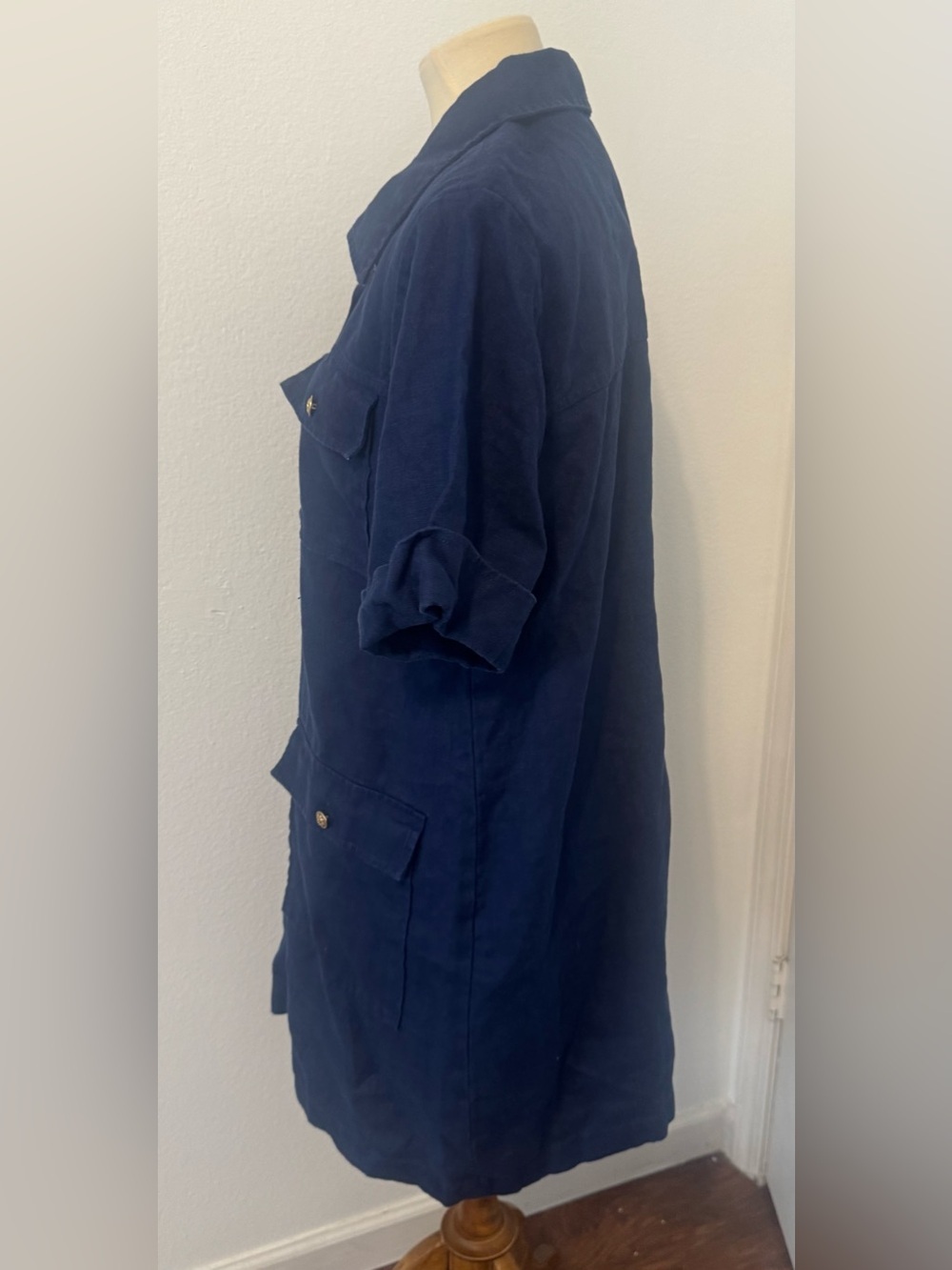J.Crew Navy Gamine Linen Utility Shirtdress Gold Button Front 2024 Coastal Sz 12 - Picture 2 of 12